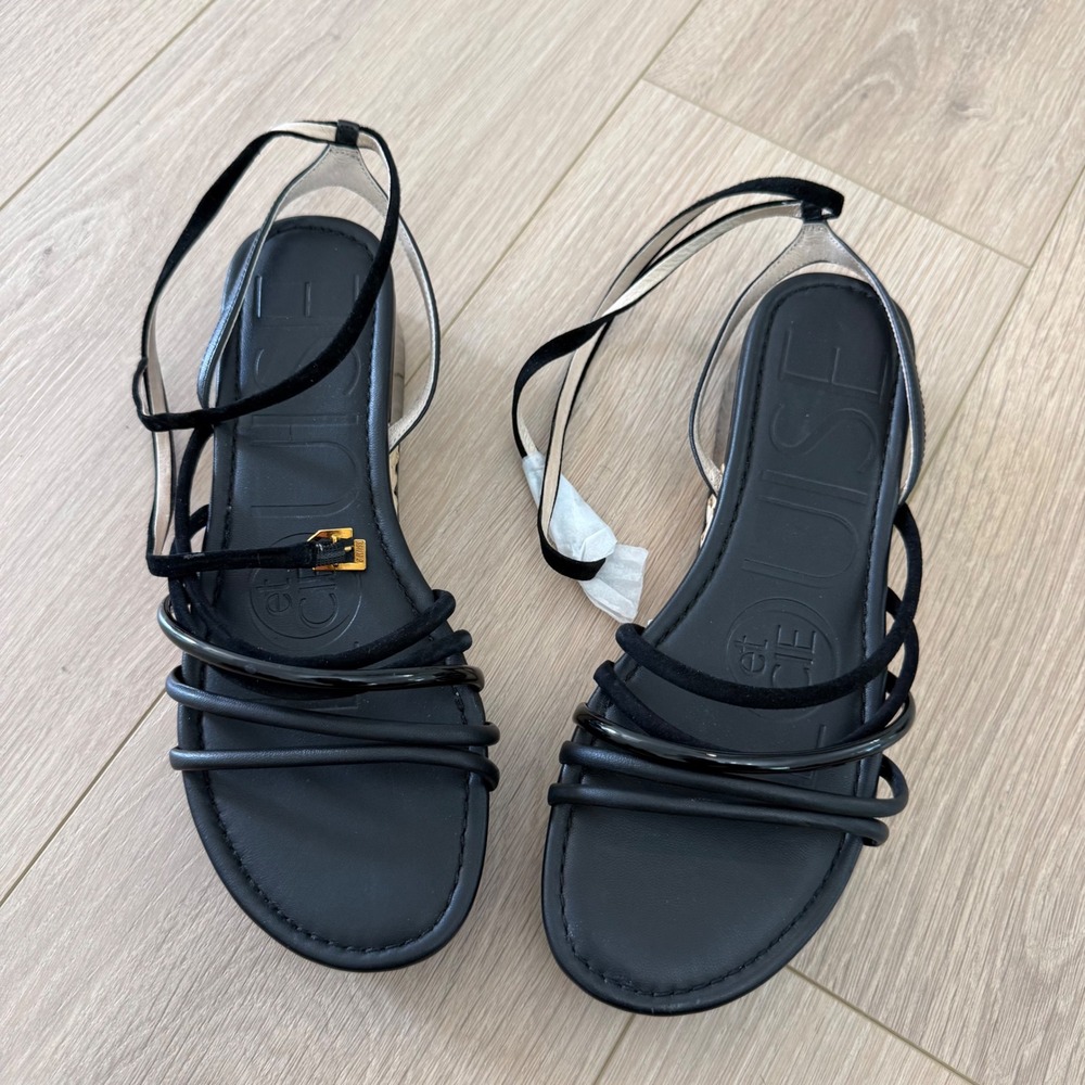 Louise et Cie Bimo Black Leather Strappy Platform Espadrille Sandals Woven 10M - Picture 3 of 8